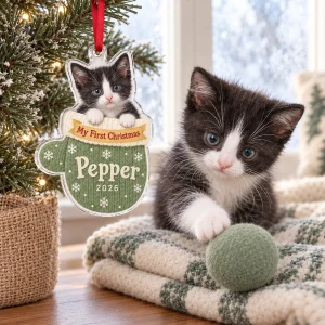 Kitten First Christmas Mitten Ornament styled in a lifestyle scene – hanging on a small tabletop tree beside a window with frosty glass, soft daylight