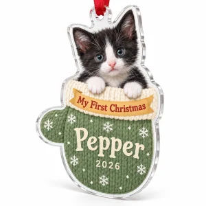Close-up of the Kitten First Christmas Mitten Ornament print showing the cat's fur detail and the polished acrylic edge