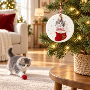 Kitten First Christmas Ornament styled in a lifestyle scene – hanging on a small tabletop Christmas tree