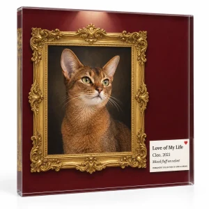 Cat photo plaque – Love of My Life Museum Label Cat Plaque with a ruddy Abyssinian and the text "Love of My Life", "Cleo, 2021", "Mixed fluff on velvet", product photo on a white background