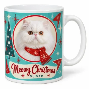 Mid-Century Christmas Cat Mug with a fluffy white Persian and the text "Meowy Christmas", "Oliver", product photo on a white background