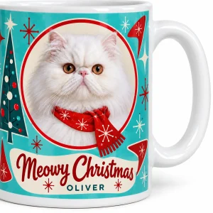 Close-up of the Mid-Century Christmas Cat Mug print showing the cat's fur detail and the glossy ceramic