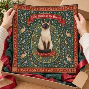 Hands unwrapping the Millefleur Medieval Cat Tapestry from a kraft gift box