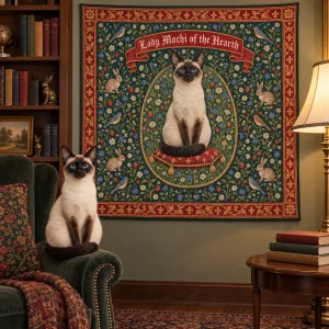 Millefleur Medieval Cat Tapestry styled in a lifestyle scene – a dark-academia reading nook with a wingback chair, a tall bookshelf and a brass floor lamp, warm evening light