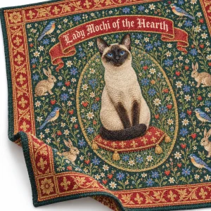 Close-up of the Millefleur Medieval Cat Tapestry print showing the cat's fur detail and wall tapestry