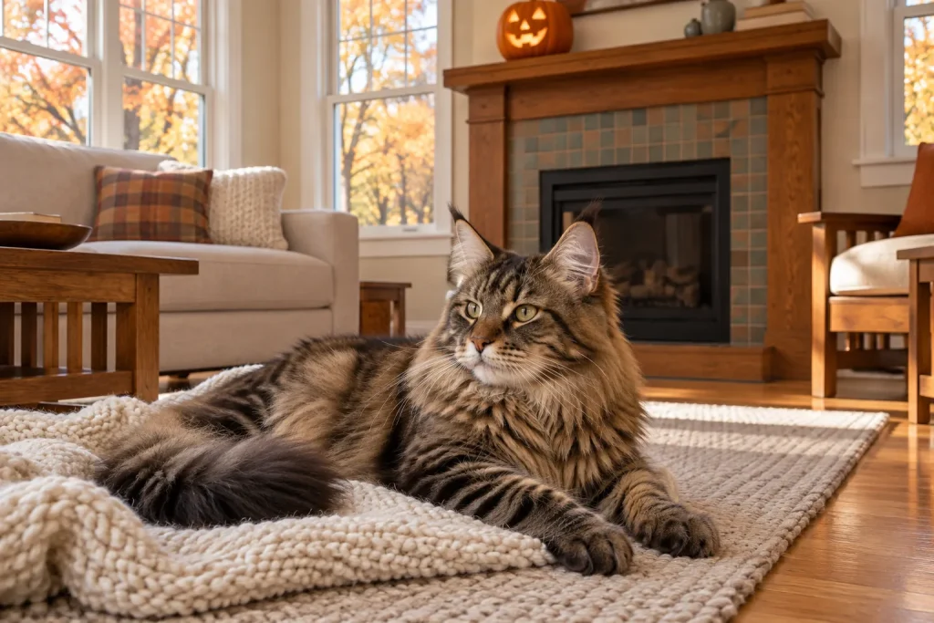 Maine Coon cat relaxing on a rug while a glowing jack-o'-lantern sits high on the mantel