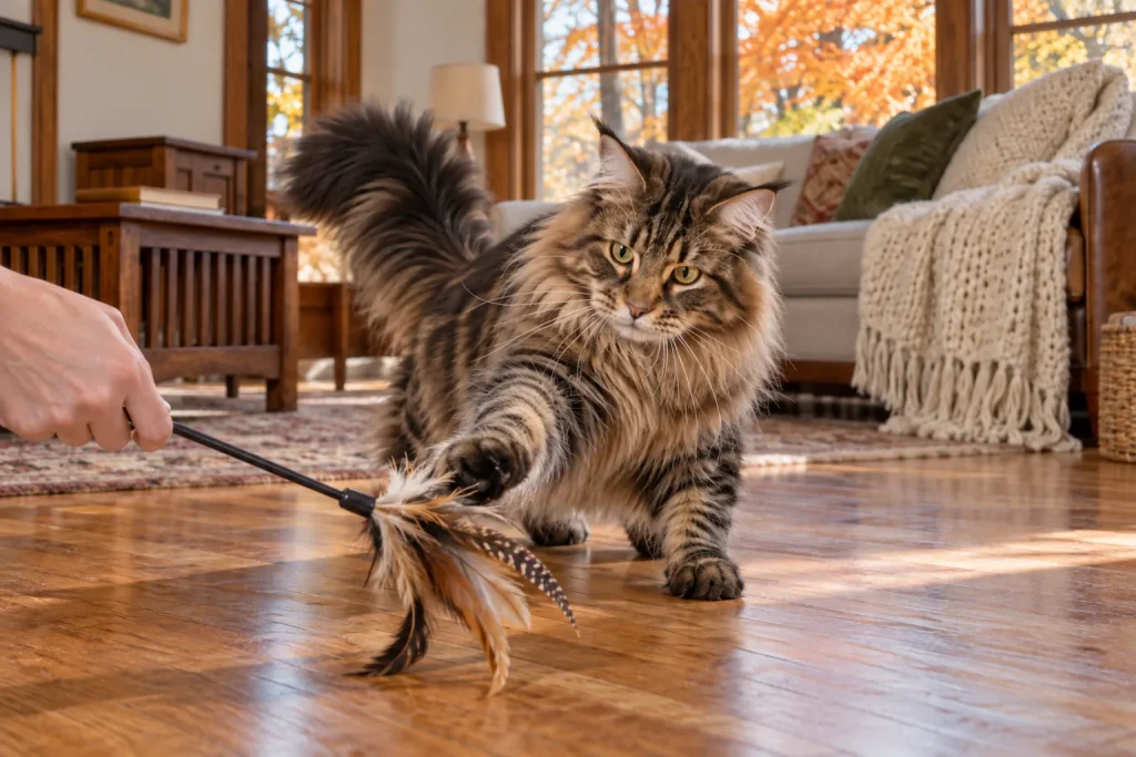 Maine Coon cat swatting a feather wand toy held low over a wooden floor during play