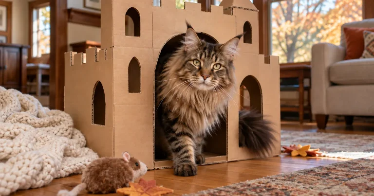 Maine Coon cat stepping out of a homemade cardboard castle on National Cat Day, autumn trees outside