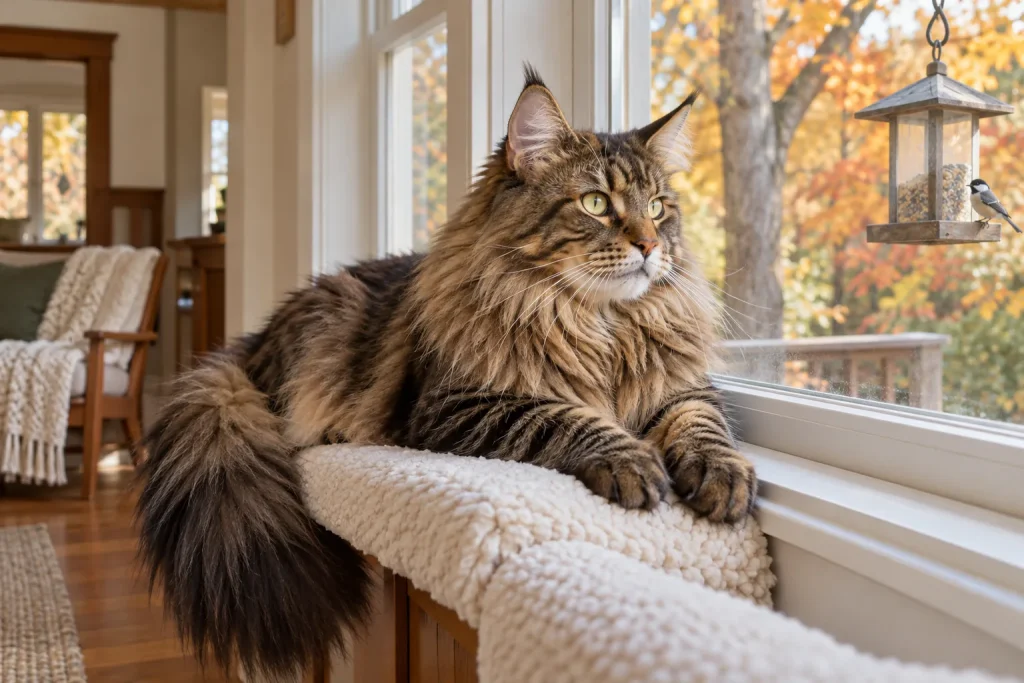 Maine Coon cat resting on a padded window perch, watching a chickadee at a bird feeder