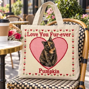 Needlepoint Heart Cat Valentine Tote Bag styled in a lifestyle scene – the tote sits on a café chair at a sidewalk bistro table with a takeaway coffee and a small bouquet of roses, soft spring light