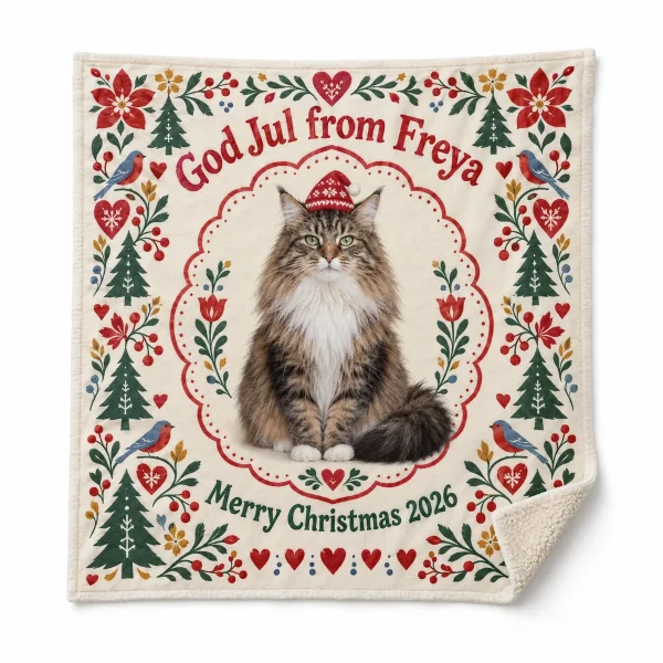 Nordic christmas cat blanket – Nordic Folk Christmas Cat Blanket with a brown tabby Norwegian Forest Cat and the text "God Jul from Freya", "Merry Christmas 2026", product photo on a white background