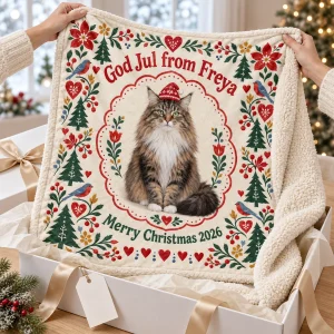 Hands unwrapping the Nordic Folk Christmas Cat Blanket from a kraft gift box