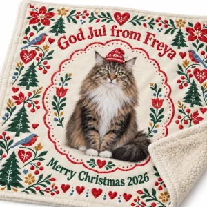 Close-up of the Nordic Folk Christmas Cat Blanket print showing the cat's fur detail and the plush fleece
