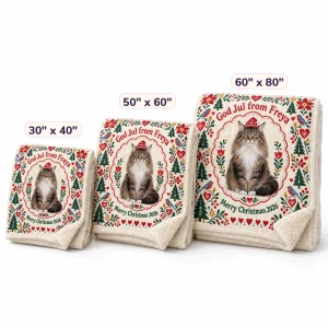 The Nordic Folk Christmas Cat Blanket in 30" x 40" and 50" x 60" and 60" x 80" sizes side by side