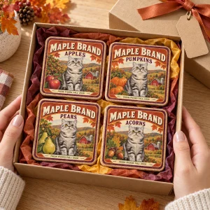 Hands unwrapping the Orchard Crate Label Fall Cat Coaster Set from a kraft gift box