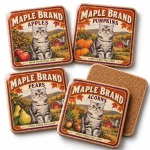 Close-up of the Orchard Crate Label Fall Cat Coaster Set print showing the cat's fur detail and coaster set