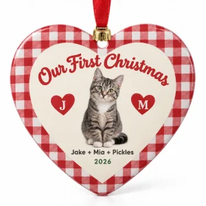First christmas with cat ornament – Our First Christmas With Cat Heart Ornament with a young gray tabby and the text "Our First Christmas", "Jake + Mia + Pickles", "2026", product photo on a white background