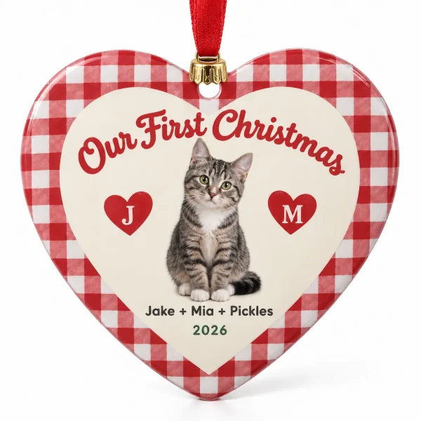 First christmas with cat ornament – Our First Christmas With Cat Heart Ornament with a young gray tabby and the text "Our First Christmas", "Jake + Mia + Pickles", "2026", product photo on a white background