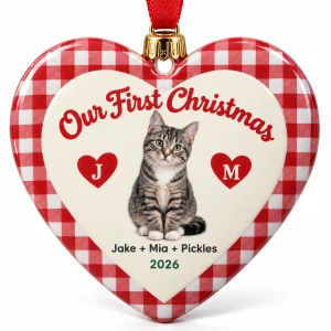 Close-up of the Our First Christmas With Cat Heart Ornament print showing the cat's fur detail and heart porcelain ornament