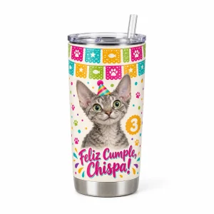 Papel Picado Cat Birthday Tumbler with a gray tabby Devon Rex and the text "Feliz Cumple, Chispa!", "3", product photo on a white background