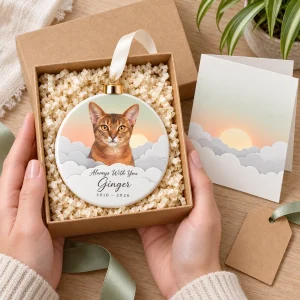 Hands unwrapping the Paper-Cut Clouds Cat Loss Gift Set from a kraft gift box