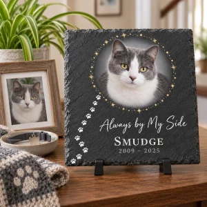 Paw Print Path Cat Memorial Slate Plaque styled in a lifestyle scene – the slate on its easel on a hallway console beside a small framed photo, a folded knitted scarf and a dish holding a cat collar with a tag, soft natural daylight