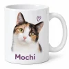 Personalized Cat Photo Mug with a calico cat (white and the text "Mochi", product photo on a white background