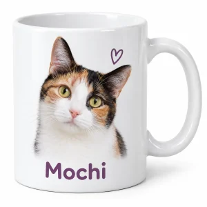 Personalized Cat Photo Mug with a calico cat (white and the text "Mochi", product photo on a white background