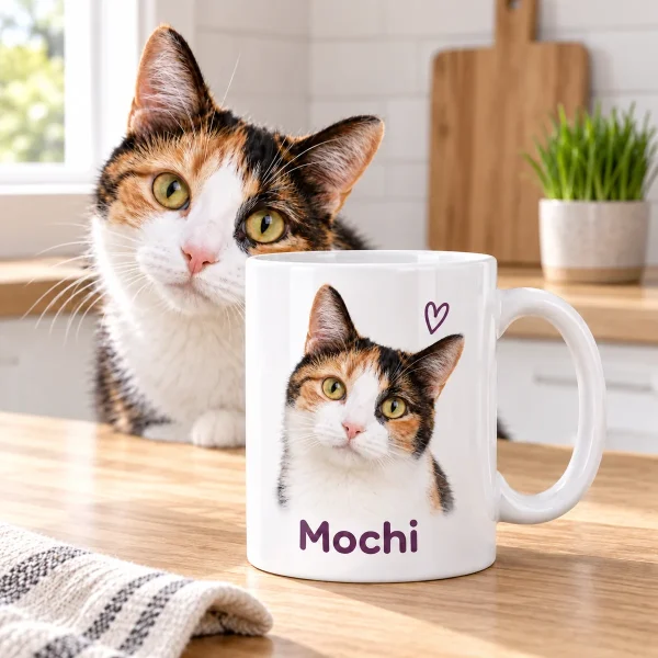 Custom cat mugs & tumblers shown with a real cat