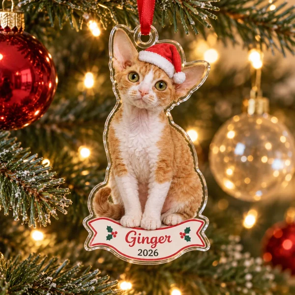 Custom cat ornaments shown with a real cat