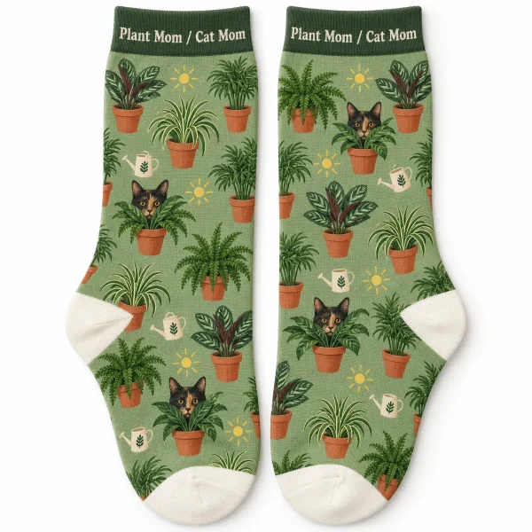 Plant and Cat Mom Socks with a tortoiseshell cat (black and orange mottled) and the text "Plant Mom", "Cat Mom", product photo on a white background