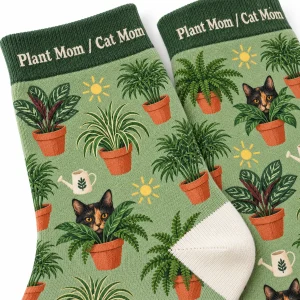 Close-up of the Plant and Cat Mom Socks print showing the cat's fur detail and the knit texture
