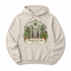 Plant mom cat hoodie – Plant Mom & Cat Greenhouse Hoodie with a silver tabby British Shorthair and the text "Plants & Cats", "Variety: Basil", "Grown with Love", product photo on a white background