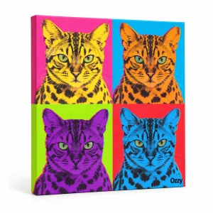Pop art cat canvas – Pop Art Four-Panel Cat Canvas with a Bengal and the text "Ozzy", product photo on a white background
