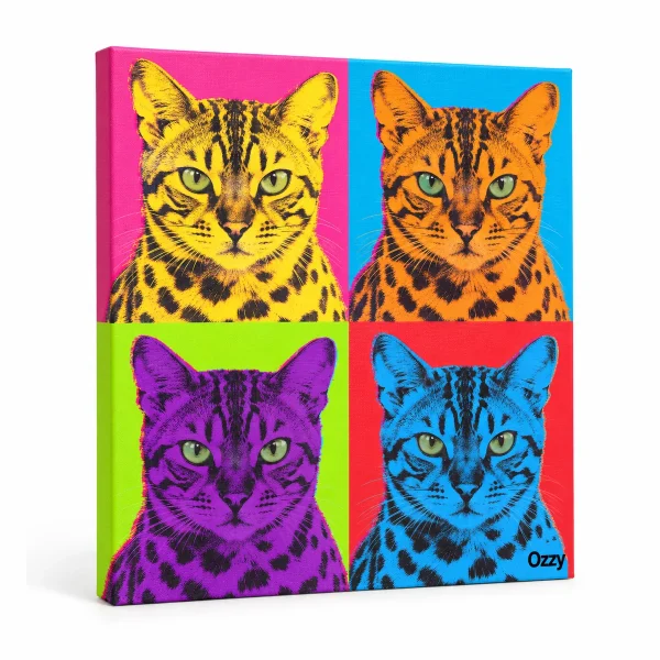 Pop art cat canvas – Pop Art Four-Panel Cat Canvas with a Bengal and the text "Ozzy", product photo on a white background