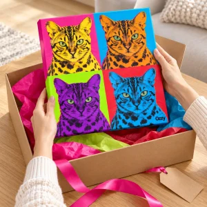 Hands unwrapping the Pop Art Four-Panel Cat Canvas from a kraft gift box