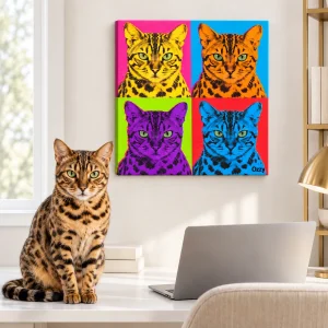 Pop Art Four-Panel Cat Canvas styled in a lifestyle scene – the canvas above a white desk in a bright modern home office with a vase of dried pampas grass and a laptop, clean daylight