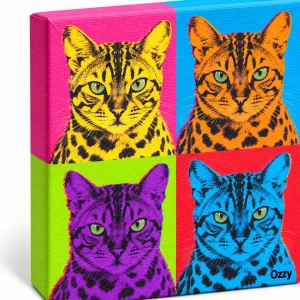 Close-up of the Pop Art Four-Panel Cat Canvas print showing the cat's fur detail and the canvas weave