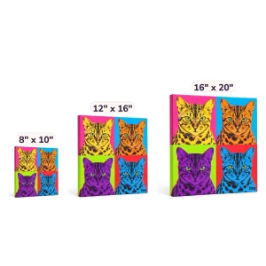 The Pop Art Four-Panel Cat Canvas in 8" x 10" and 12" x 16" and 16" x 20" sizes side by side