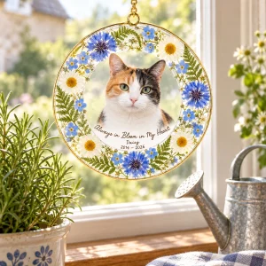 Pressed Wildflower Cat Memorial Suncatcher styled in a lifestyle scene – hanging in a cottage window over a potted herb (rosemary) and a watering can, bright soft daylight making the flowers glow