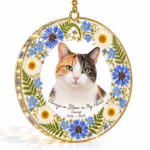 Close-up of the Pressed Wildflower Cat Memorial Suncatcher print showing the cat's fur detail and memorial suncatcher