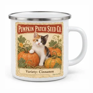 Fall cat mug – Pumpkin Seed Packet Cat Enamel Mug with a calico kitten and the text "Pumpkin Patch Seed Co.", "Variety: Cinnamon", "Sow in Fall", product photo on a white background