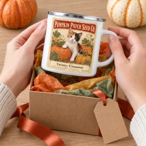 Hands unwrapping the Pumpkin Seed Packet Cat Enamel Mug from a kraft gift box