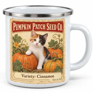 Close-up of the Pumpkin Seed Packet Cat Enamel Mug print showing the cat's fur detail and enamel camp mug