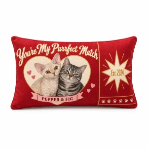 Purrfect match pillow – Purrfect Match Matchbook Lumbar Pillow with two cats: a cream Devon Rex and the text "You're My Purrfect Match", "Pepper & Fig", "Est. 2024", product photo on a white background