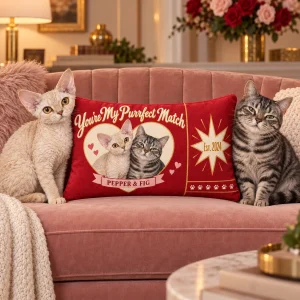 Purrfect Match Matchbook Lumbar Pillow styled in a lifestyle scene – the lumbar pillow across a velvet blush loveseat with a bouquet of roses on a high shelf out of reach, warm evening light