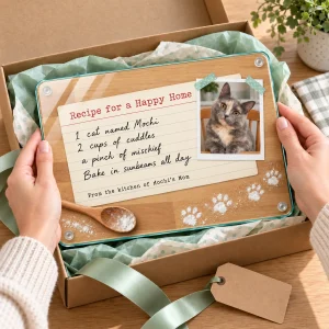 Hands unwrapping the Recipe for a Happy Home Cat Cutting Board from a kraft gift box