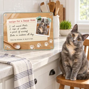 Recipe for a Happy Home Cat Cutting Board styled in a lifestyle scene – a clean farmhouse kitchen counter with a ceramic utensil crock, a bowl of lemons and a linen towel, morning window light
