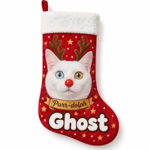 Reindeer Cat Face Stocking with a white cat and the text "Purr-dolph", "Ghost", product photo on a white background