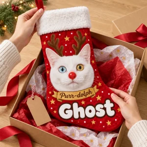 Hands unwrapping the Reindeer Cat Face Stocking from a kraft gift box